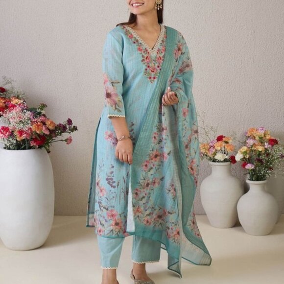 Sea Green Pink Coral Embroidered Kurta Set with Trousers & Dupatta - Picture 2 of 9
